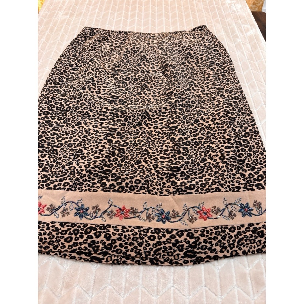 Vintage 90s Silk Club Skirt 14 Leopard Print Beaded Floral Boho Luxury Career - Picture 3 of 13